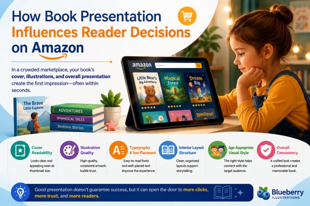 How book presentation influences reader decisions on Amazon for children's books with cover design, illustration quality, typography, interior layout, and visual consistency