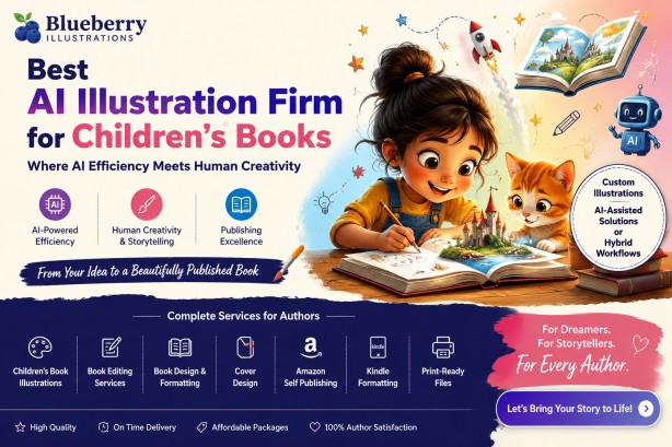 Best AI Illustration Firm for Children's Books by Blueberry Illustrations offering customized illustrations, AI-assisted publishing, and Amazon self publishing services