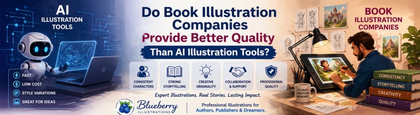 Book illustration companies vs AI illustration tools comparison showing storytelling, creativity and professional quality in children's book illustrations