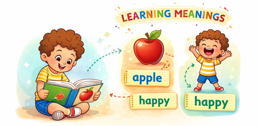 Children learning word meanings with apple illustration