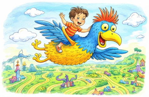 Children's book illustration of boy on flying bird