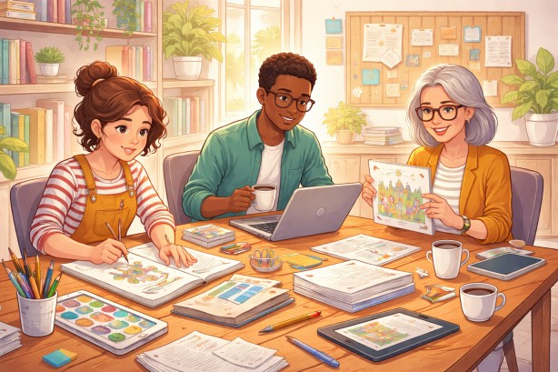 Children’s book publishing process showing illustrator, author, and publisher collaboration