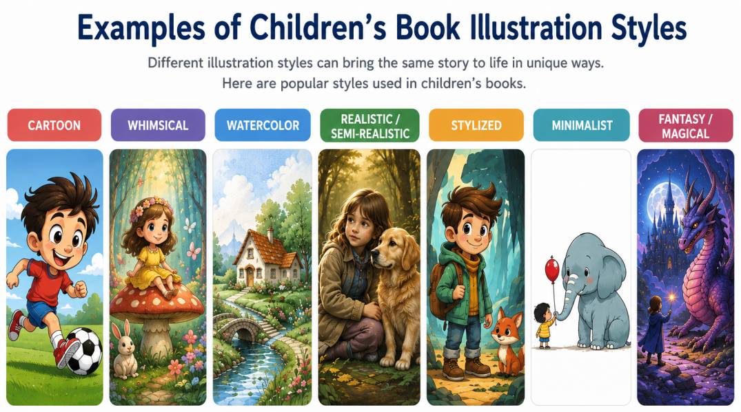 Examples of children's book illustration styles including cartoon, whimsical, watercolor, realistic, semi-realistic, stylized, minimalist and fantasy artwork