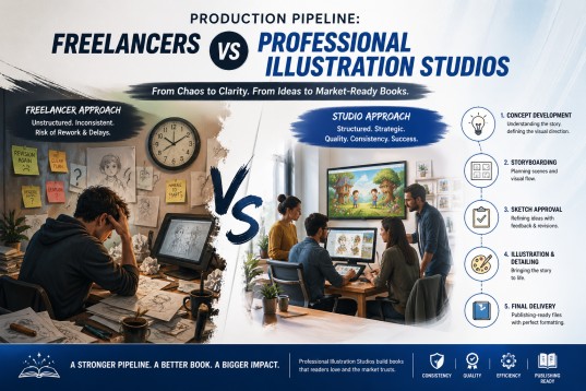 Freelancer vs illustration studios and firms workflow comparison for book publishing process