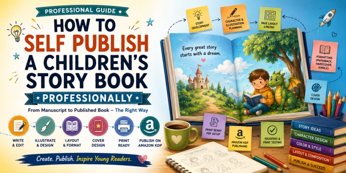 Professional children's story book self publishing process including illustration, formatting, and Amazon KDP publishing