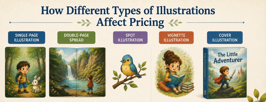 Comparison of single-page illustrations, double-page spreads, spot illustrations, vignette illustrations, and cover illustrations