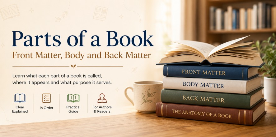 Parts of a book showing front matter, body matter, back matter and physical book anatomy