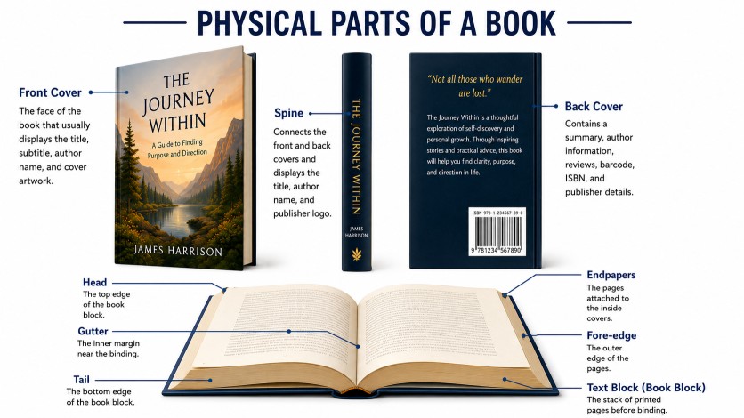 Diagram showing the front matter, body matter, and back matter of a book