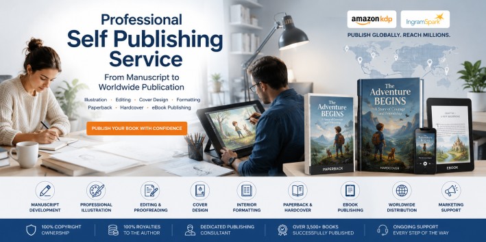 Professional self publishing service including illustration, editing, cover design, formatting, Amazon KDP, IngramSpark, paperback, hardcover, ebook publishing, and worldwide distribution